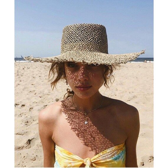 Lafite new style straw hat female summer raw edge concave top wide brim hat elegant big beach sun... | Etsy (AU)