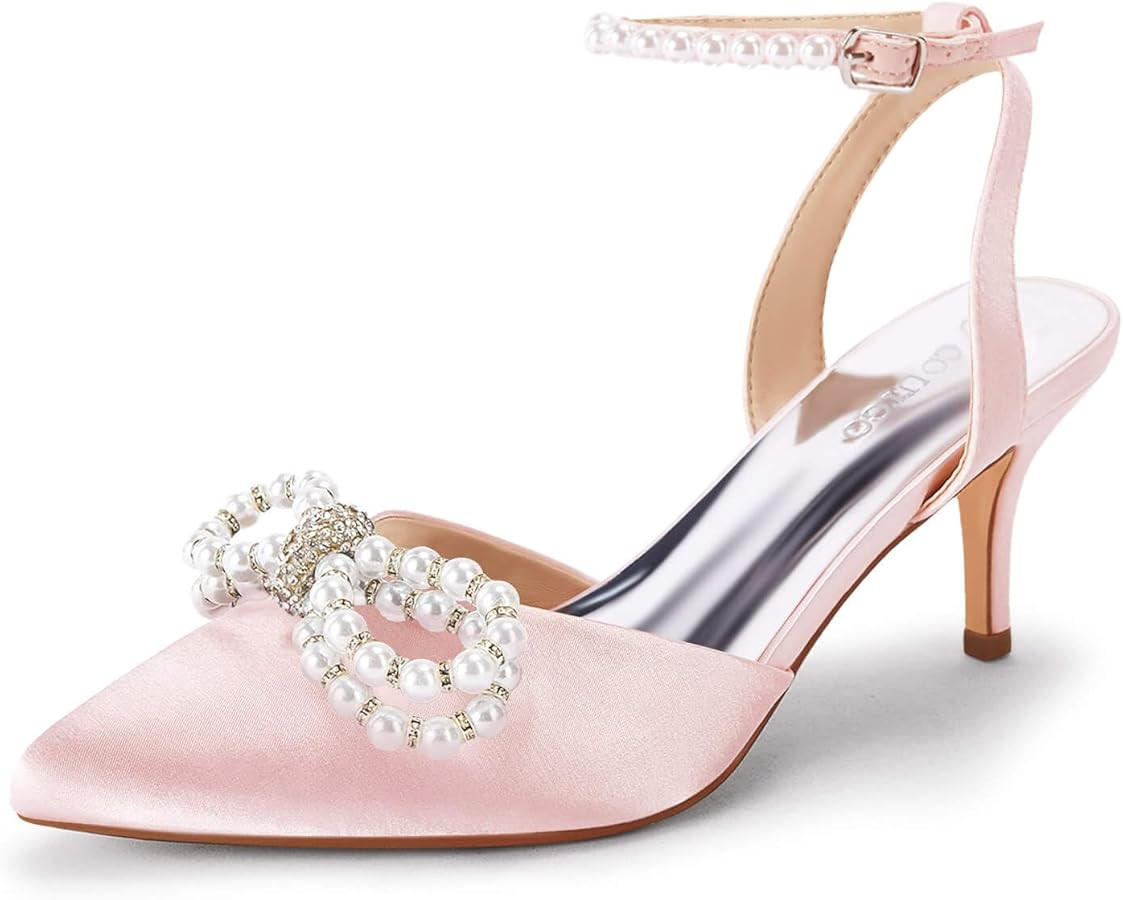 Coutgo Womens Bowknot Heels Pumps Stiletto Closed Pointed Toe Pearl Ankle Strap Wedding Dress Sho... | Amazon (US)