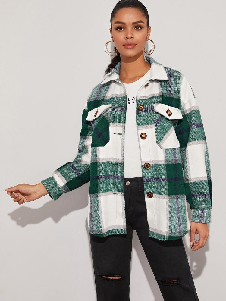 SHEIN Plaid Flap Pocket Overshirt | SHEIN
