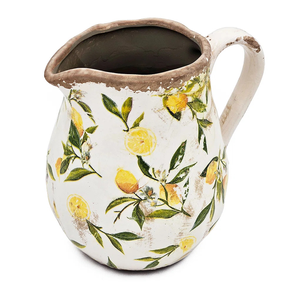 White Ceramic Pitcher Vase with Yellow Lemon Motif | Wayfair North America