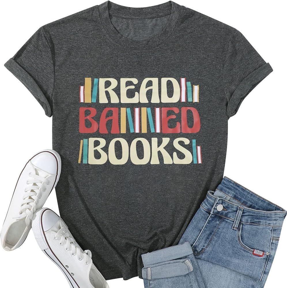 JINTING Banned Books Tshirt for Women Book Lover Shirt Vintage Librarian Letter Print Tee Top | Amazon (US)