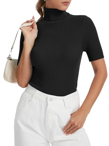 Women's Fall Short Sleeve Sweater Turtleneck Pullover Tops Winter Basic Ribbed Knit Slim Fitted C... | Amazon (US)