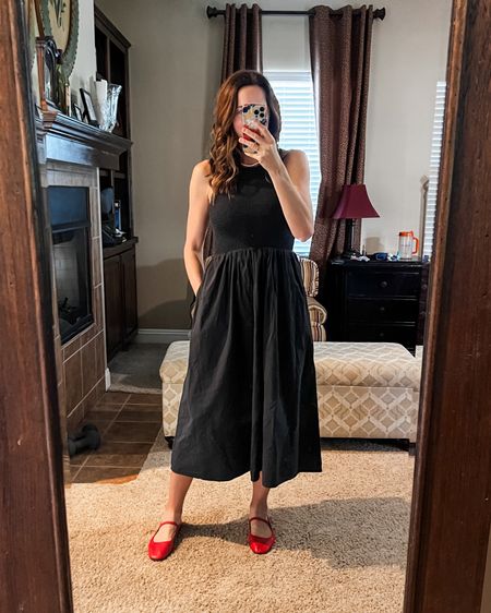 Wearing the dress in a small.  I would consider sizing up if busty.  
Ballet flats true to size.  Very comfortable with a padded sole.  True to size.  I’m a 9/9.5 and got these in a 9.  They fit perfectly. 

#LTKshoecrush #LTKstyletip #LTKover40