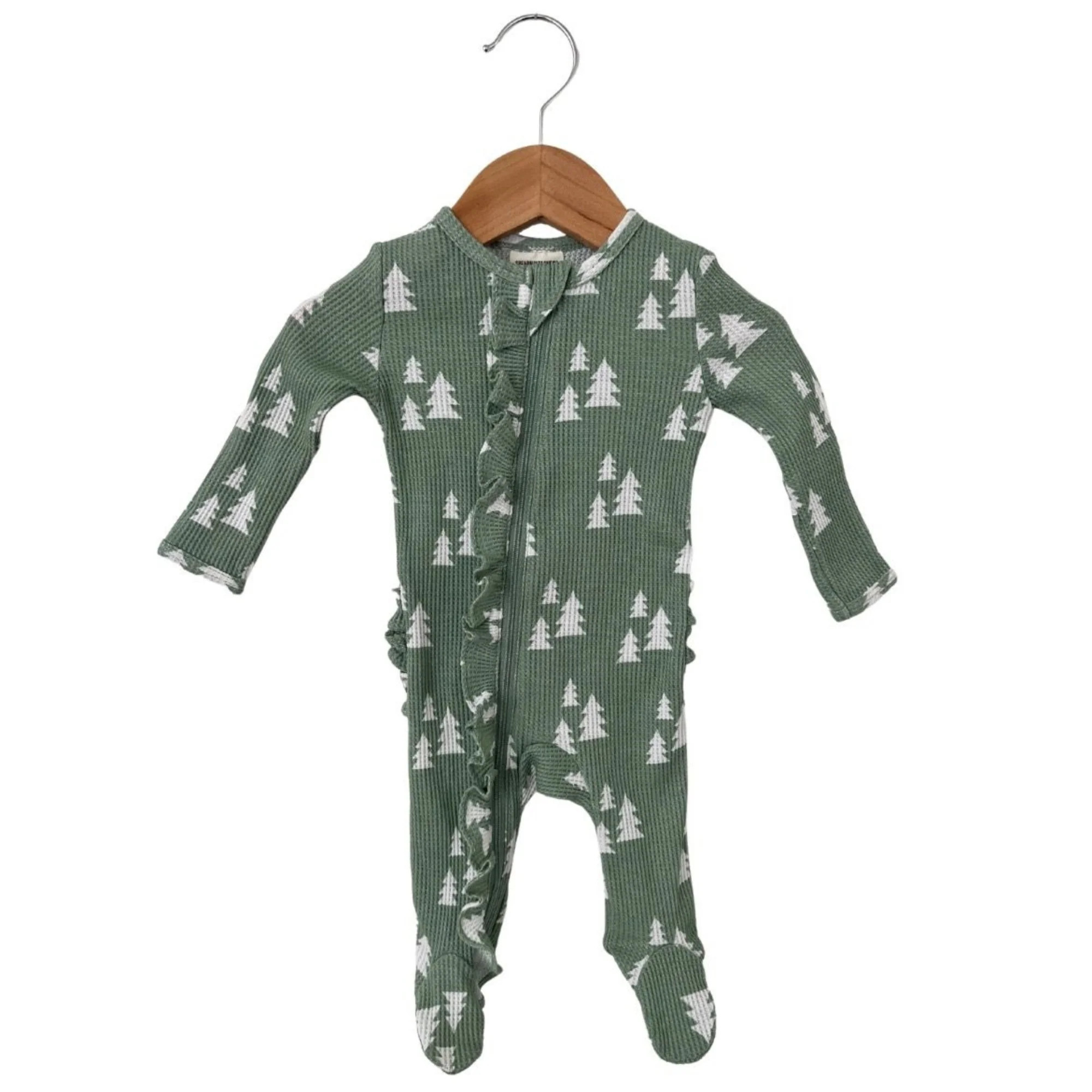 Organic Waffle Ruffle Zip Footie, Alpine Trees | SpearmintLOVE