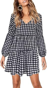 Womens Printed Swing Shift Dress Long Sleeve V Neck Tunic Dress | Amazon (US)