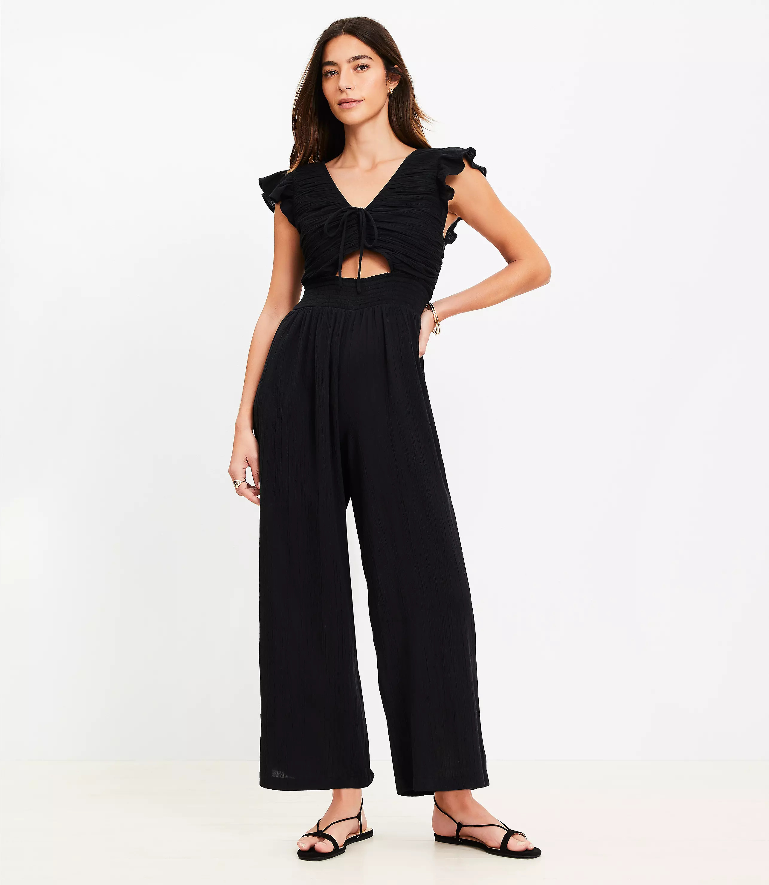 Petite LOFT Beach Crinkle Cutout Flutter Jumpsuit | LOFT