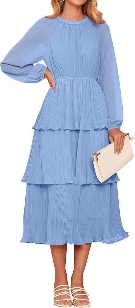 ZESICA Women's 2024 Long Sleeve Crew Neck Ruffle Tiered Layered Chiffon Flowy Swing Long Midi Dre... | Amazon (US)