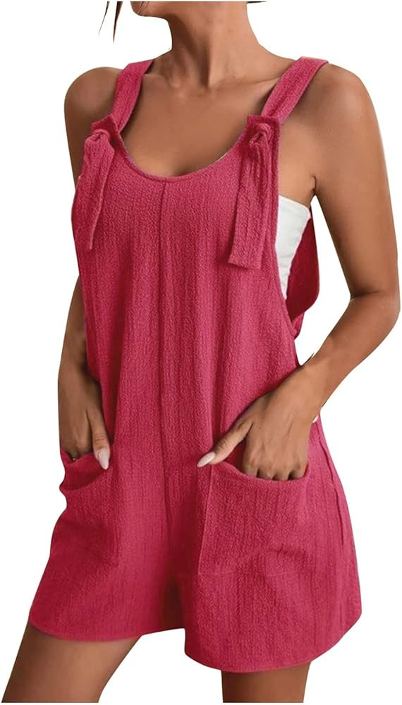 Summer Short Rompers for Women 2024 Casual Loose Sleeveless Tie Knot Strap Jumpsuits Wide Leg Ove... | Amazon (US)