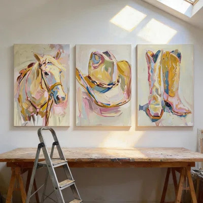 3Pcs Pink Coastal Cowgirl Wall Art, Preppy Western Room Decor For Teen Bedroom, Set Of 3 Framed Canvas Prints Ready To Hang With Boots Hat & Horse Mod | Wayfair North America