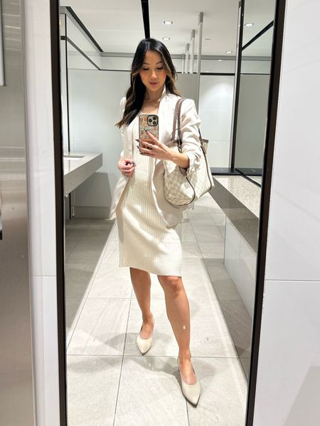 Neutral workwear outfit with knit dress and blazer. Perfect everyday office look for meetings and going from day time to night! 

#LTKworkwear #LTKstyletip #LTKfindsunder100