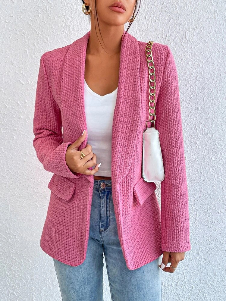 Shawl Collar Open Front Tweed Blazer | SHEIN