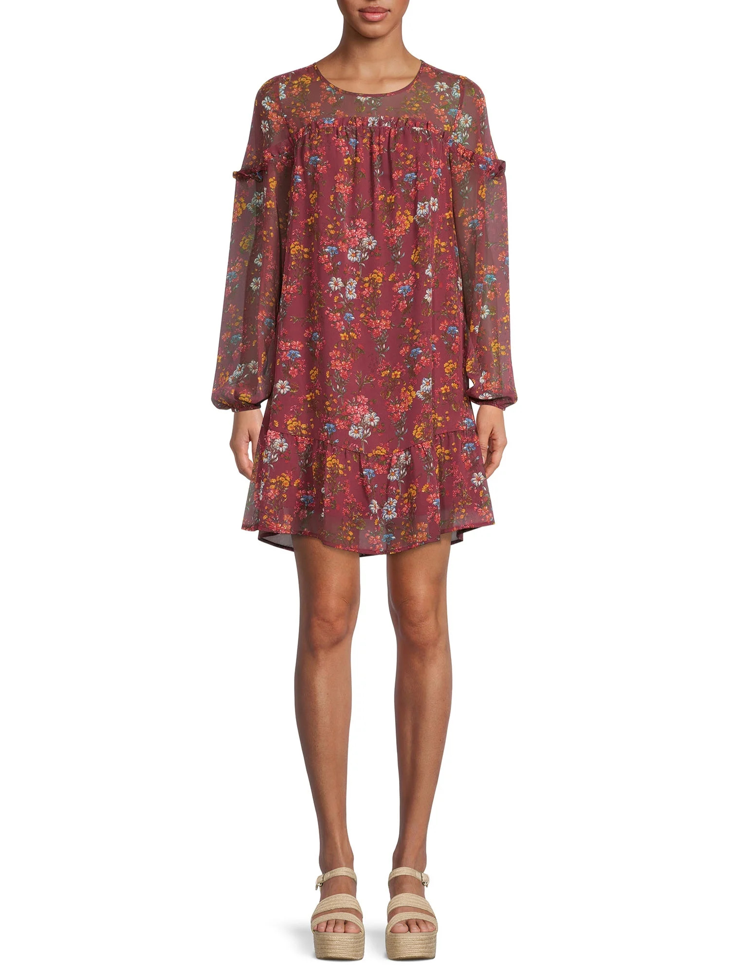 Time and Tru Women's Ruffle Dress with Long Sleeves | Walmart (US)