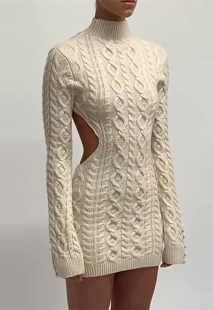 AnotherChill Women's Backless Sweater Dress Cable Knit Turtleneck Long Sleeve Dress Sexy Cut Out Bod | Amazon (US)