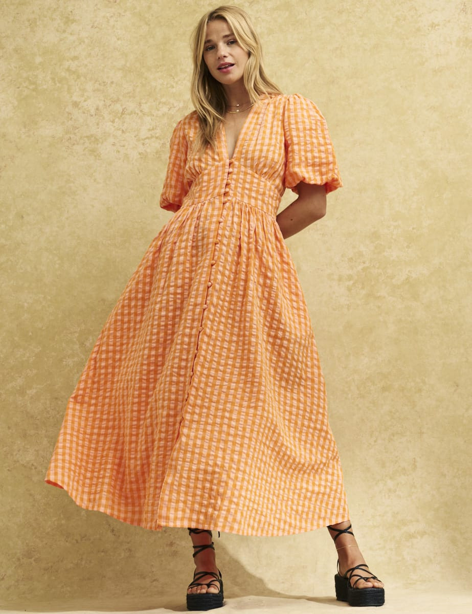 Orange Gingham Check Starlight Midaxi Dress | Nobody's Child