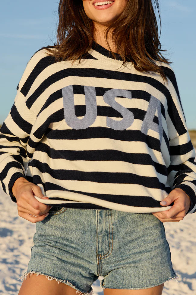 USA Navy And Ivory Striped Sweater | Pink Lily