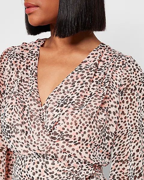 Leopard Print Long Sleeve Pleated Wrap Front Romper | Express