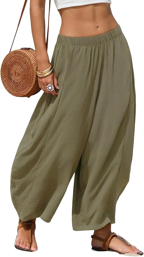 EXLURA Womens Faux Linen Wide Leg Boho Flowy Pants Summer Palazzo Casual Elastic Waist Baggy Trou... | Amazon (US)