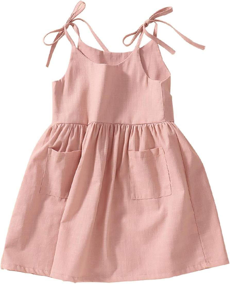Toddler Baby Girls Summer Cotton Linen White Dress Bow Straps Sleeveless with Pockets Party Beach... | Amazon (US)