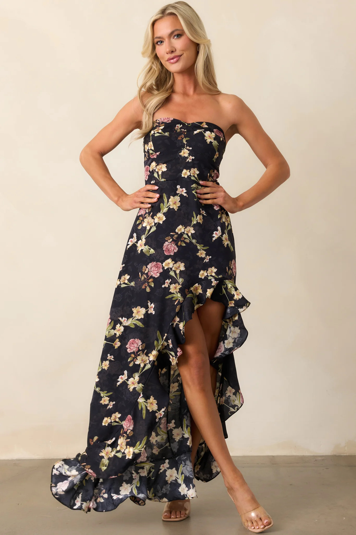 Ever After Deep Navy Floral Jacquard Strapless High Low Dress | Red Dress