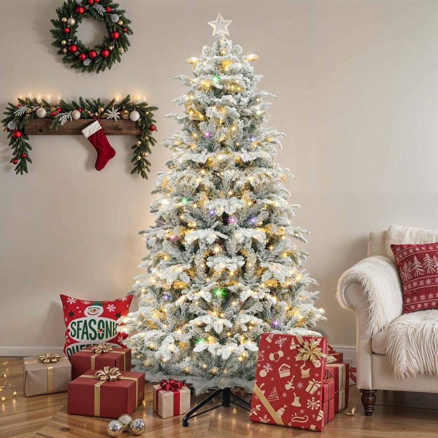 7.5FT Pre-Lit Flocked Artificial Christmas Tree,Snow Flocked Christmas Tree With 1010 Mixed Branc... | SHEIN