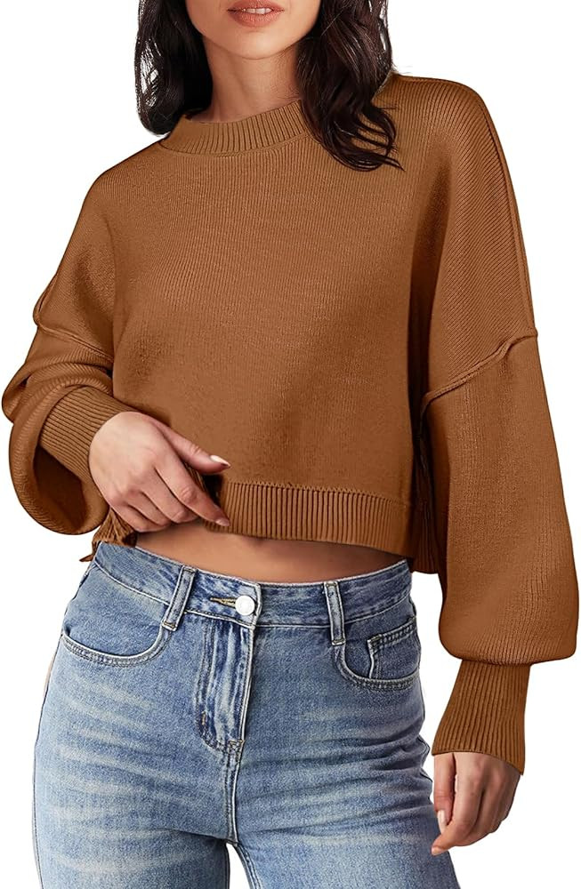 MEROKEETY Women's 2024 Crewneck Cropped Sweater Fall Batwing Sleeve Oversized Side Slit Ribbed Kn... | Amazon (US)