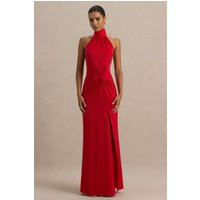 Lenora | Red Halter-Neck Maxi Dress with Ruched Detailing and Split | Club L London