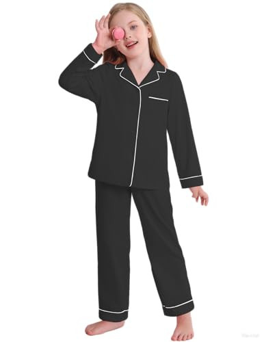 Veseacky Black Button Down 2-pieces Pajamas Set Long Sleeve Buffalo Pijamas for Children Black 11-12 Y | Amazon (US)