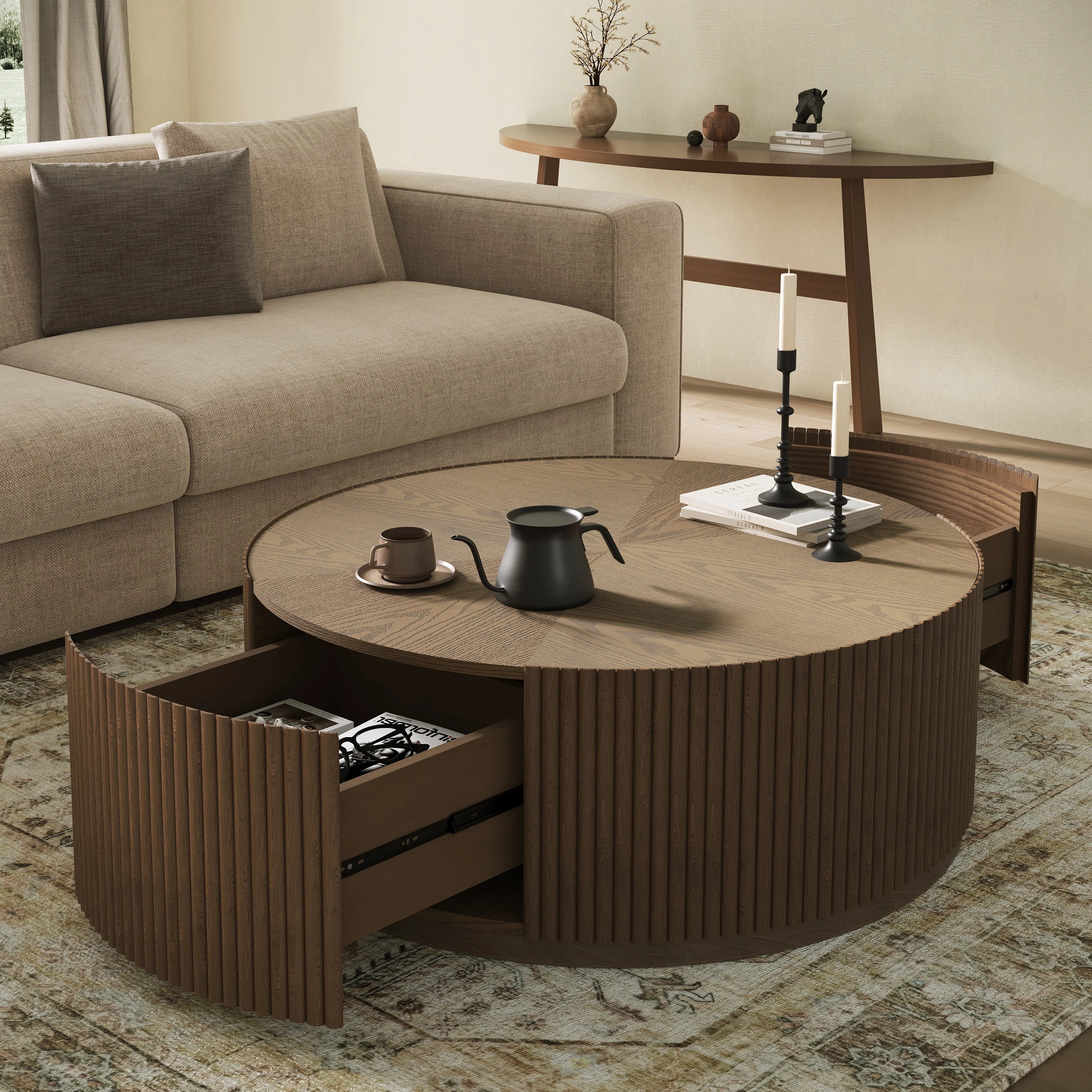 Fully Assembled Modern 31.5" & 35" W Contemporary Round Coffee Table with Solid Wood Fluted Base,... | Wayfair North America