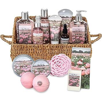 Bath Spa Gift Sets - Luxury Basket With Rose Oil & Peony - Spa Kit Includes Wash, Bubble Bath, Lo... | Amazon (US)