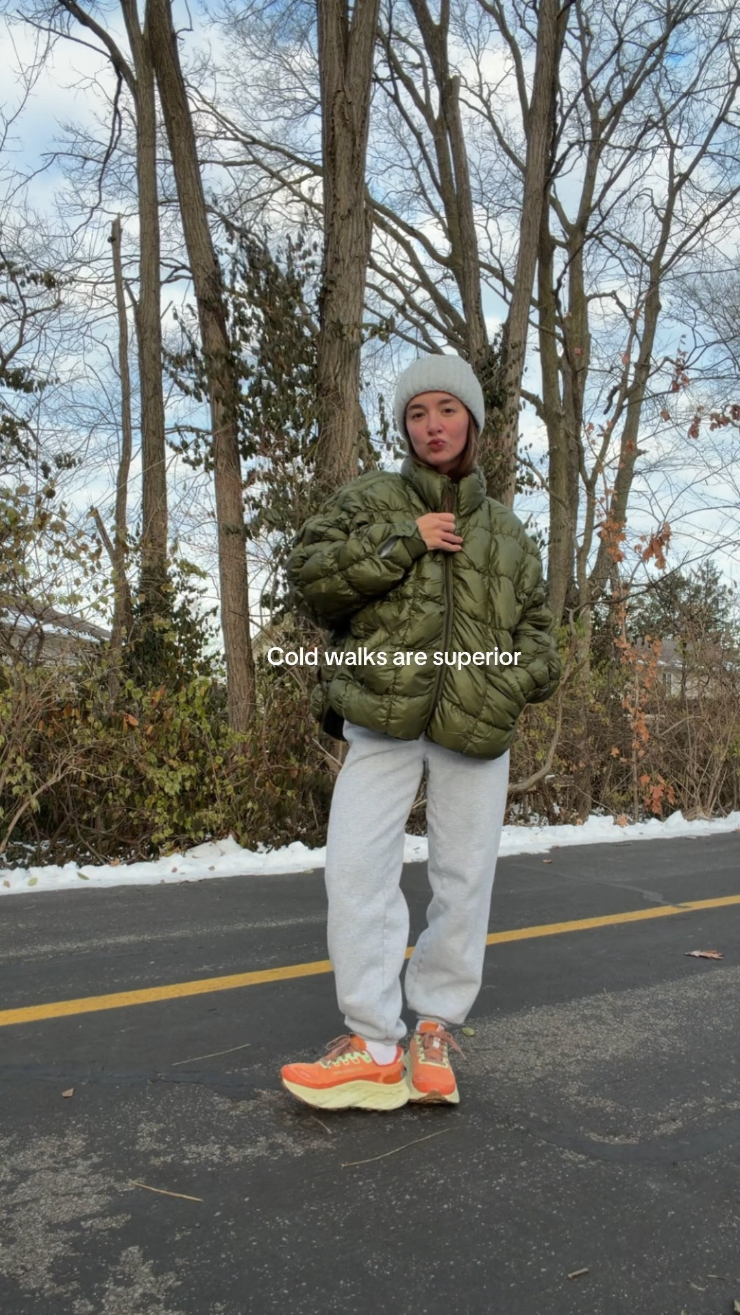 Winter walk!! Had a sweatshirt under this to stay warm but the puffer is warmer than it looks! Wearing XS and small sweats