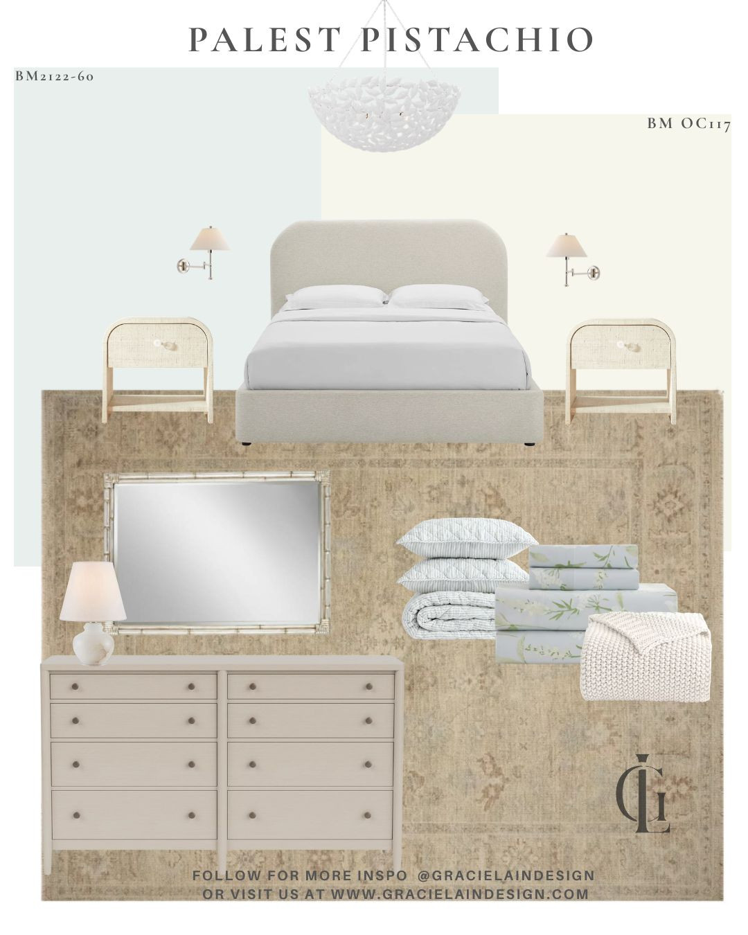 Soft light filters across walls washed in the gentlest palest pistachio, creating a serene backdrop that feels both fresh and timeless. Layers of linen, cloudlike bedding, and creamy silhouettes invite you to slow down, while sculptural nightstands add just the right touch of personality. A plush wool rug softens every step, and hints of polished nickel catch the light—subtle, refined, and quietly luminous.

This is more than a bedroom—it’s a tonal retreat designed for rest, reset, and effortless calm. Every element whispers, nothing shouts… and that’s exactly the point. Discover more at gracielaindesign.com.

#BedroomDesign #ModernBedroom #NeutralAesthetic #SoftMinimalism #InteriorInspo #CalmSpaces #BedroomGoals #HomeSanctuary #DesignDetails #LinenLove #QuietLuxury  

 #LTKHome #LTKSaleAlert