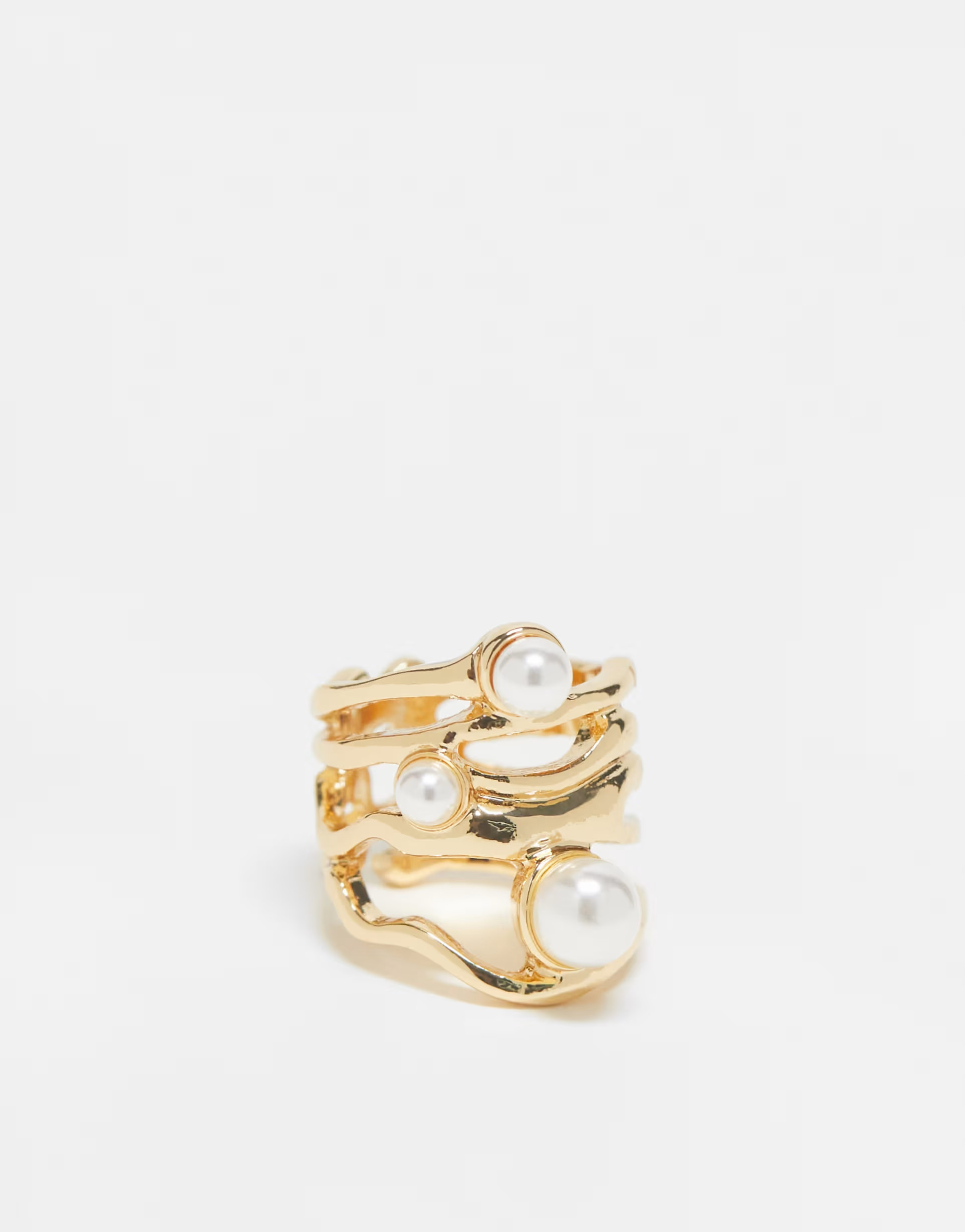 ASOS DESIGN ring with molten design and faux pearl in gold tone | ASOS (Global)