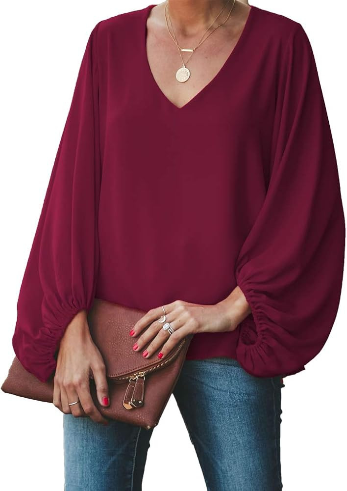 Womens V Neck Chiffon Blouses Casual Balloon Sleeve Floral Print Shirts Tops | Amazon (US)
