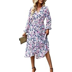 PRETTYGARDEN Women's Floral Print Boho Dress Long Sleeve Wrap V Neck Ruffle Belted A-Line Flowy M... | Amazon (US)
