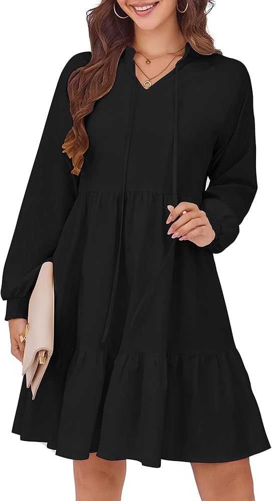 HUSKARY Baby Doll Dresses Women Fall Casual Tie V Neck Ruffle Tiered Tunic Dress Knee Length Cute... | Amazon (US)