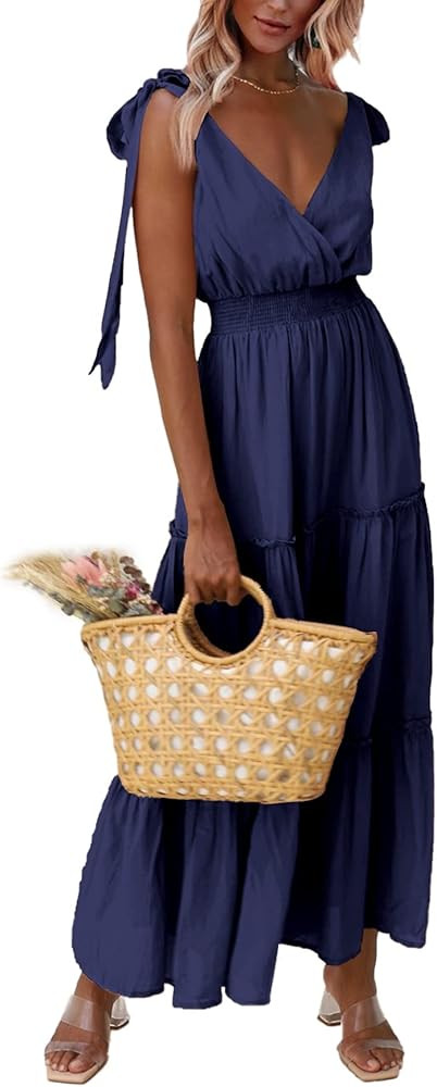 PRETTYGARDEN Women's Cross Neck Summer Sleeveless Tiered Maxi Dress Beach Tie Strap Smocked Long ... | Amazon (US)