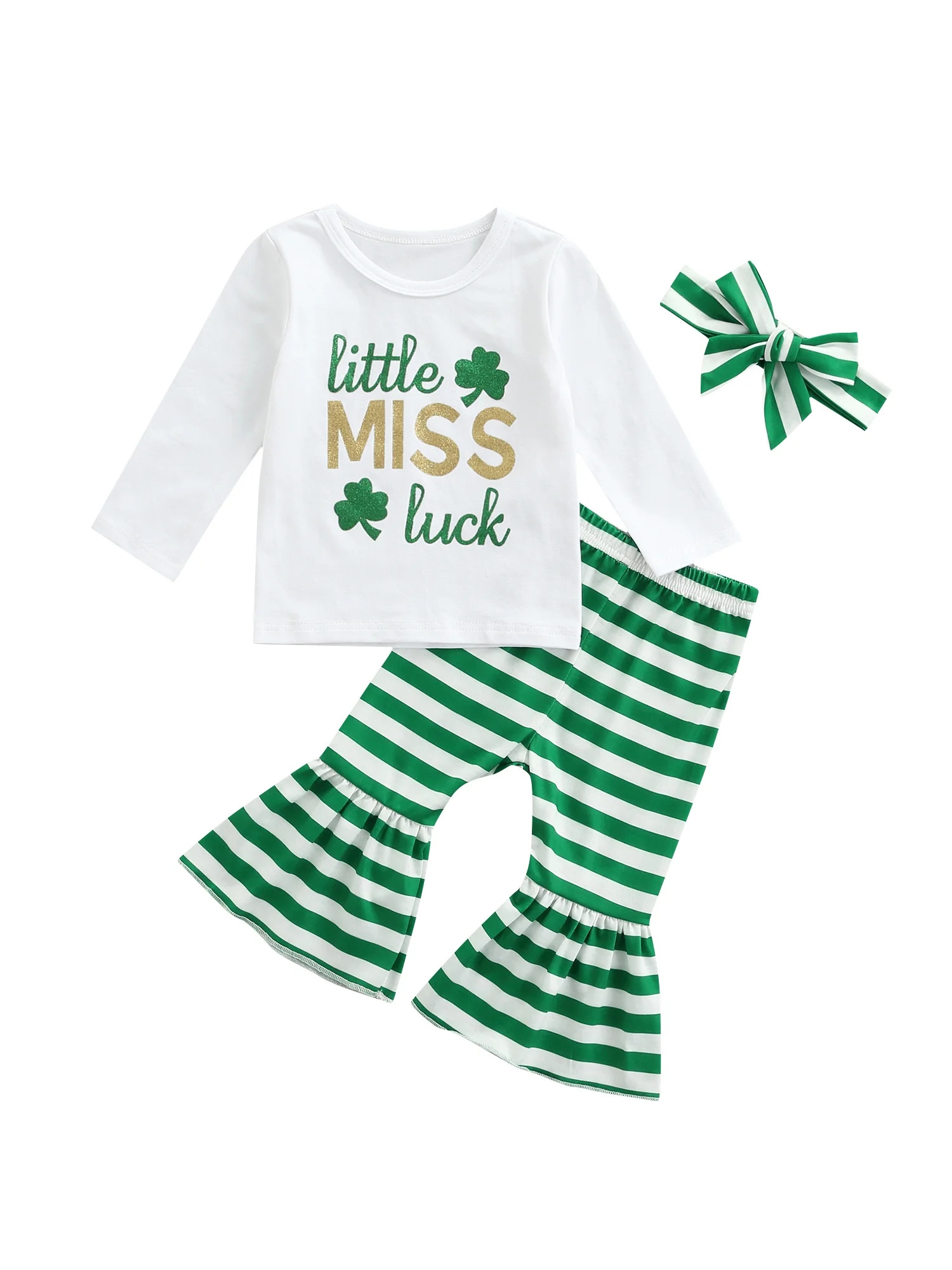 Kiapeise Baby Girl St Patrick Day Outfit Little Miss Luck Shamrock Tops Green Stripe Pants Set wi... | Walmart (US)