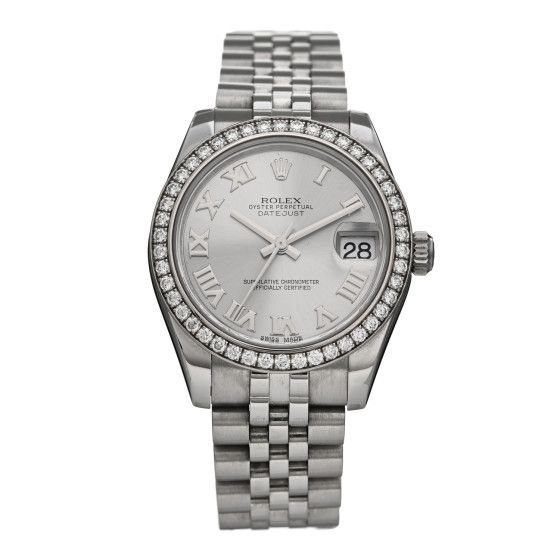 Stainless Steel 18K White Gold Diamond Bezel 31mm Oyster Perpetual Datejust Watch Silver Roman 17... | FASHIONPHILE (US)