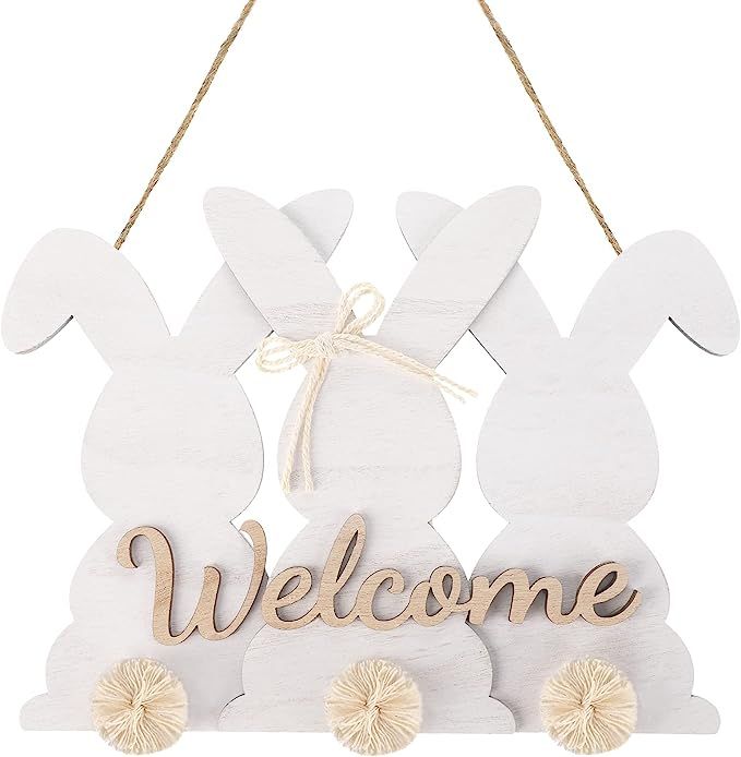 Easter Wooden Hanging Sign Easter Bunny Rabbit Welcome Sign Rustic Door Decorations with Bow for ... | Amazon (US)