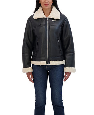 Women's Zip Front Faux Leather Shearling Jacket | Macy's
