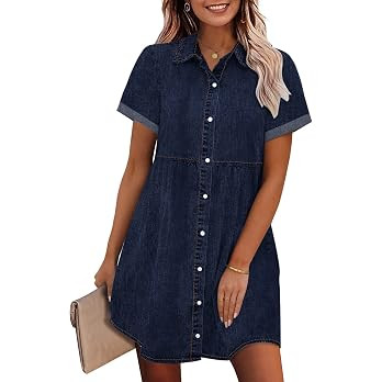 GRAPENT Denim Dress for Women Babydoll Tiered Short Sleeve Button Down Jean Shirt Dresses | Amazon (US)
