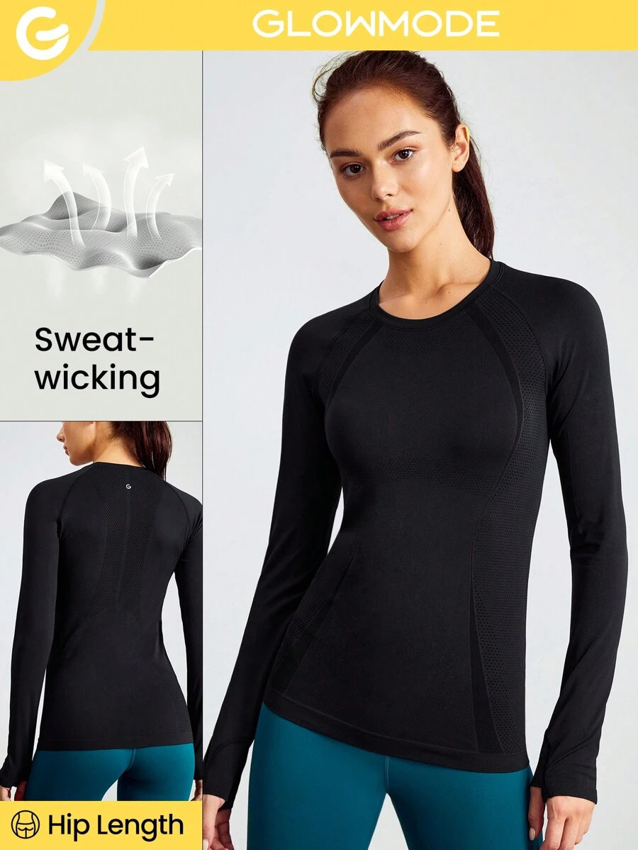 GLOWMODE Seamless Slimfit Long Sleeve Top Hip Length Moisture Wicking Antibacterial Breathable Li... | SHEIN