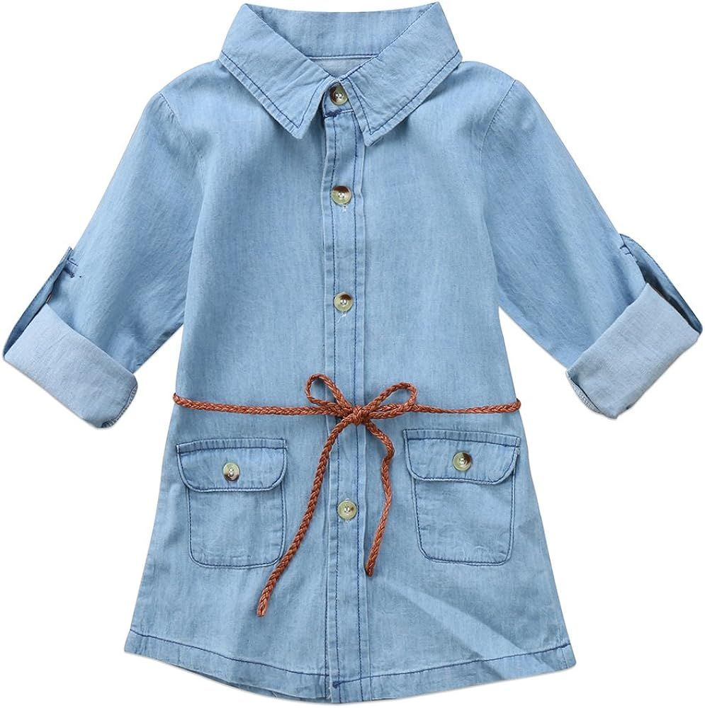 BiggerStore Fashion Kids Toddler Baby Girl Half/Long Sleeve Denim Tunic Jean Shirt Dress with Bel... | Amazon (US)
