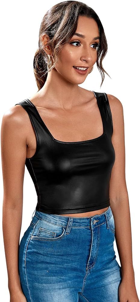 MakeMeChic Women's Faux Leather Sleeveless Square Neck PU Leather Crop Tank Tops Black XL at Amaz... | Amazon (US)