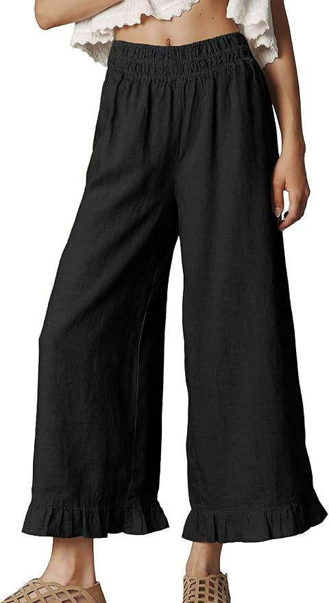 Women's Cotton Linen Wide Leg Pants Summer Casual High Waist Ruffle Hem Cropped Trousers with Poc... | Amazon (US)