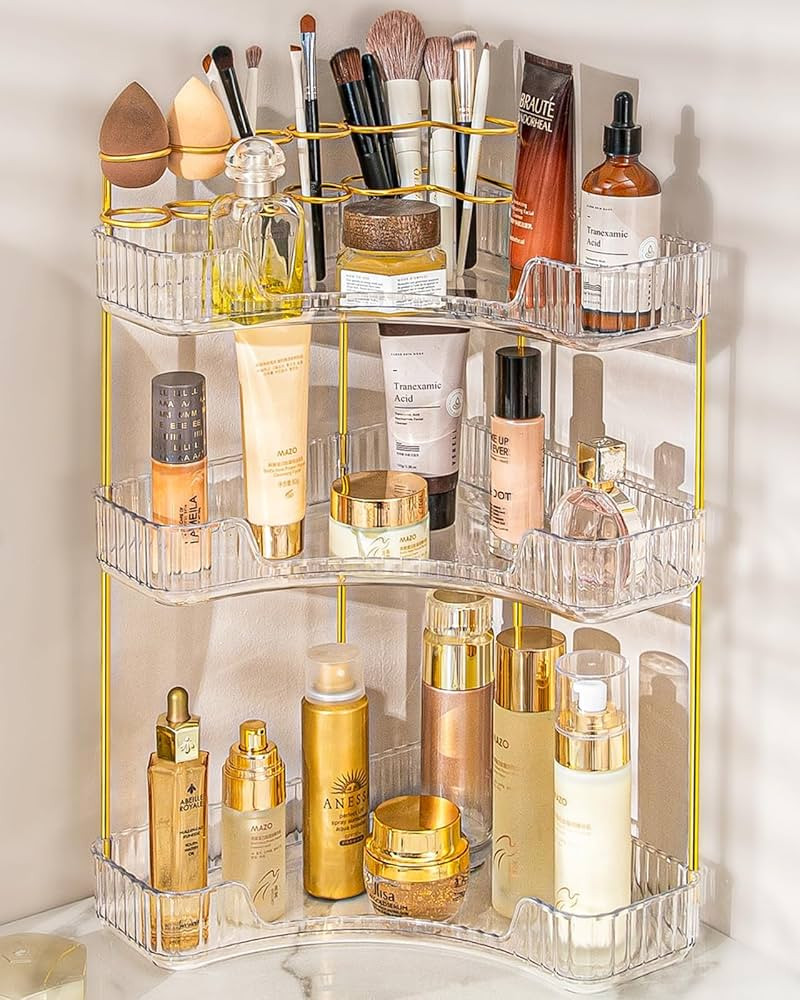 NATURE'S SOURCE Makeup Organizer for Vanity, 3-Tier Corner Bathroom Organizer Countertop with Mak... | Amazon (US)