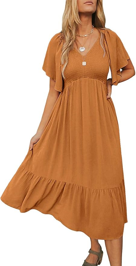 Kranda Women V Neck Short Flutter Sleeve Solid Smocked Ruffle Pleats Midi Dress | Amazon (US)