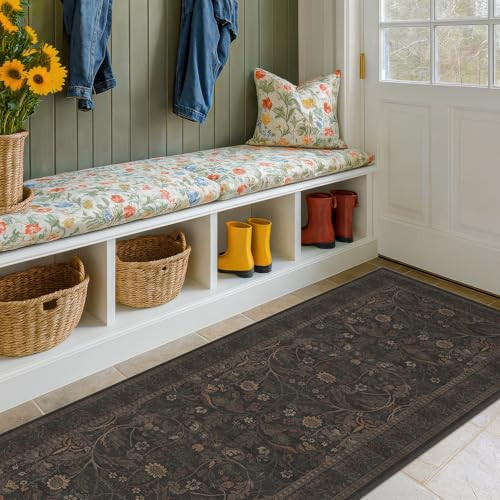 Washable Wide Hallway Runner Rug 2'6"x10' - Non Slip 10ft Long Floral Runner Rugs for Kitchen Entryway Indoor Farmhouse Botanical & Sunflower Accents (Brown and Black) | Amazon (US)