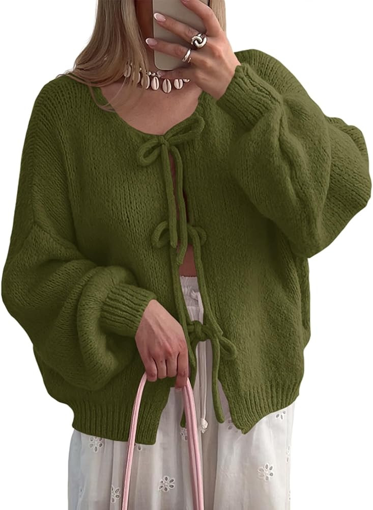 Saodimallsu Womens Tie Front Cardigan Sweaters Cute Bow Puff Long Sleeve 2025 Fall Loose Ribbed K... | Amazon (US)