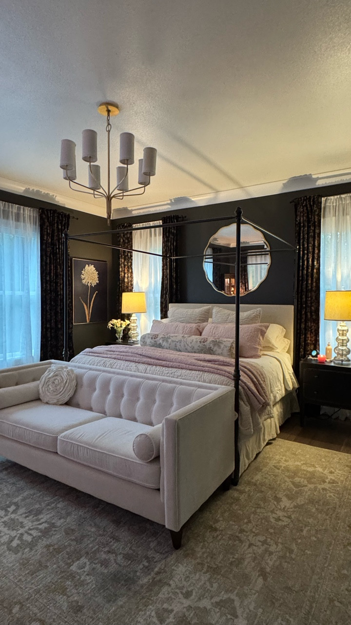 Decided I liked the living room change so much, maybe I would like one in the bedroom too…. 🤔
 Turns out I do! Floral drapes and pink bedding… Who knew it would be so fun?!?!
 
Check out my LTK for links ! 
  https://www.shopltk.com/explore/athomeonwhiteave?tab=posts
 

#foryoupage #moody #changeisgood #homedecor #loloirugs 
@potterybarn @loloirugs @sherwinwilliams